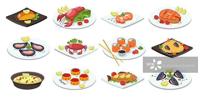 鱼粉。卡通海鲜菜肴传统亚洲美食，平三文鱼卷龙虾寿司贻贝蟹日式餐盘。向量隔离集图片素材