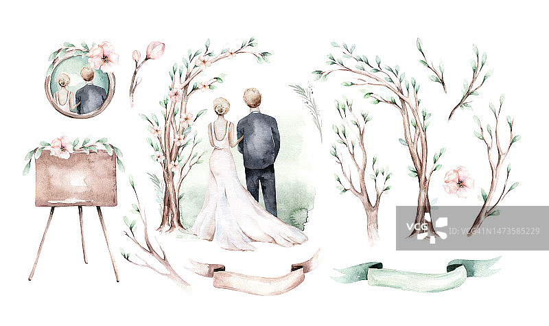 水彩夫妇新娘和新郎在波西米亚仪式风格的婚礼。数字婚姻插图。爱情婚礼请柬。保存日期。图片素材