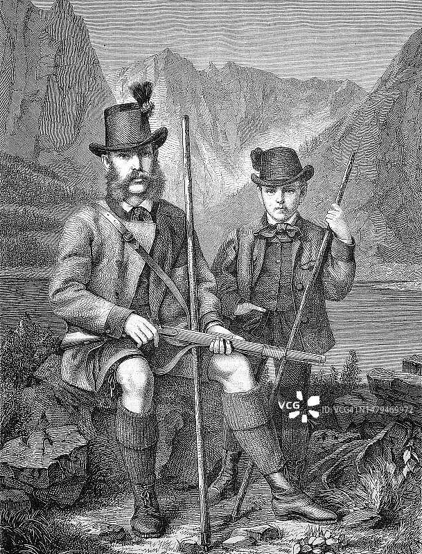 奥地利皇帝弗朗茨·约瑟夫一世和奥地利王储鲁道夫在奥地利阿尔卑斯山狩猎岩羚羊，奥地利，历史性的，19世纪原件的数字修复复制品，确切的原始日期未知图片素材