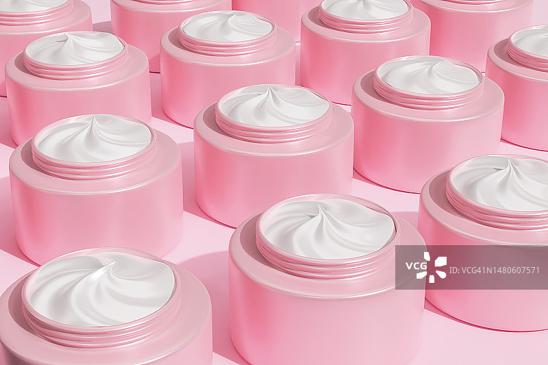 粉红色罐子里的保湿白色面霜。用于滋润皮肤的玻尿酸。用于化妆和护肤的化妆品。3 d模式。图片素材