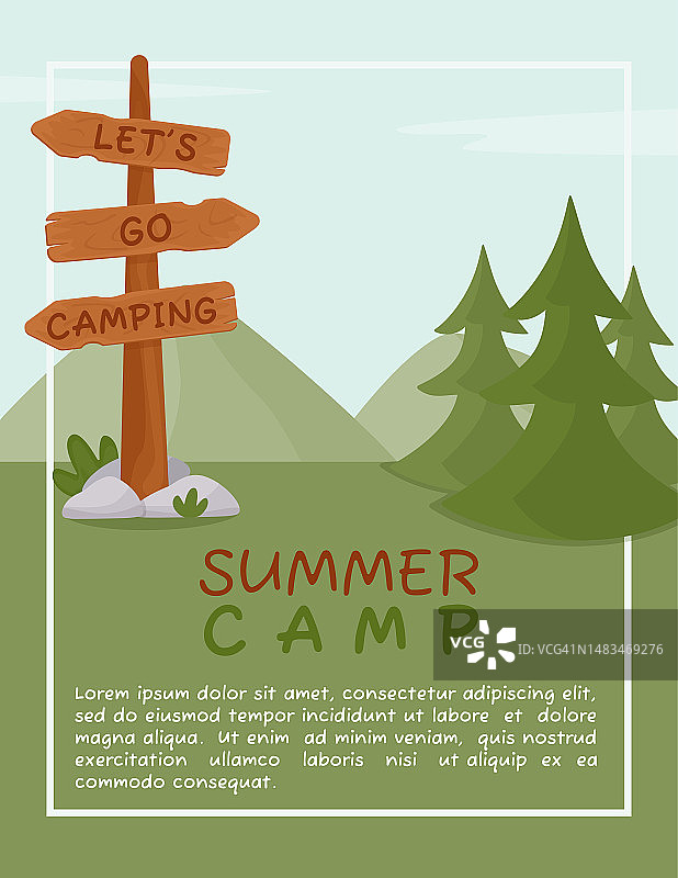 A4海报适用于夏季露营、旅游、旅行、远足、旅游、自然、旅游、野餐。设计海报、横幅、单张、封面、特惠、广告。矢量插图在一个平面的风格。图片素材