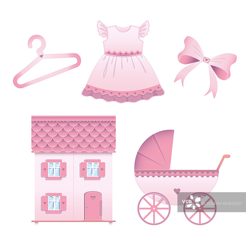 粉红色的玩具集插图，图标为婴儿淋浴图片素材