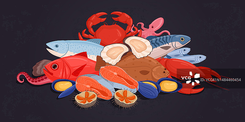 海鲜桩。卡通鲑鱼，金枪鱼，龙虾，章鱼和虾。牡蛎和海胆堆平面矢量背景插图图片素材