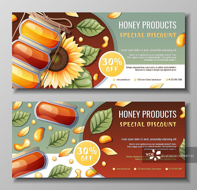 Set of banners with honey products. Discount coupon for honey shop. Bank of honey, bees, sunflower. Natural useful products. Sweet dessert.Vector illustration.图片素材