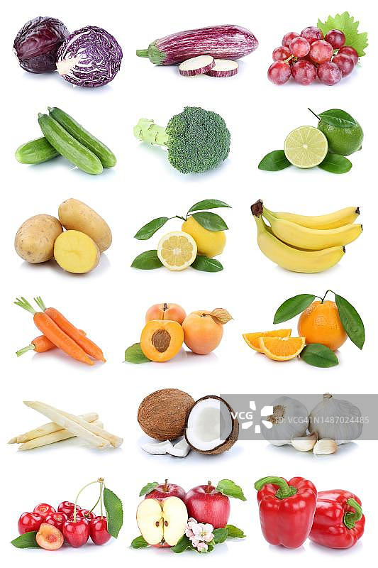 水果和蔬菜，新鲜水果拼贴，苹果，橙子，西红柿，生菜，切割分离在斯图加特，德国图片素材