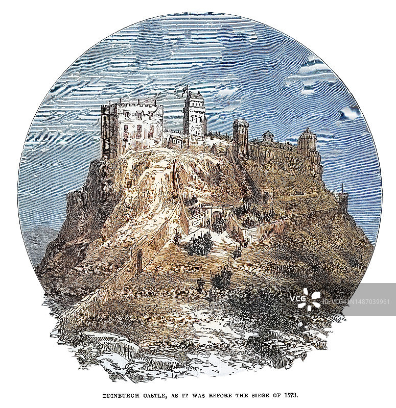 爱丁堡城堡的古老雕刻插图图片素材