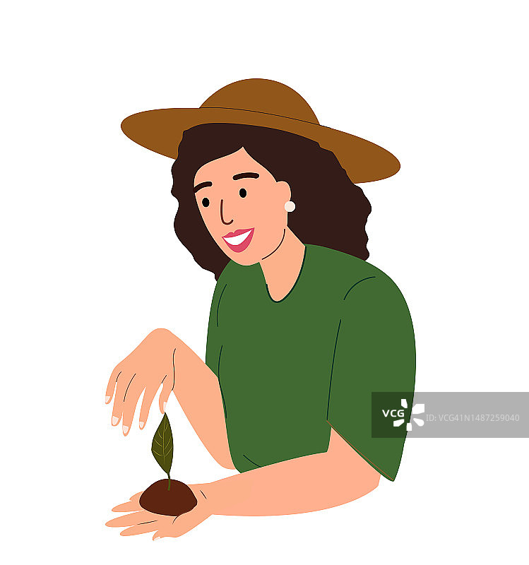 爱护植物和环境的理念。农妇捧着幼苗，手里拿着绿叶和泥土。在地上种植植物的人。平面矢量插图隔离在白色背景图片素材