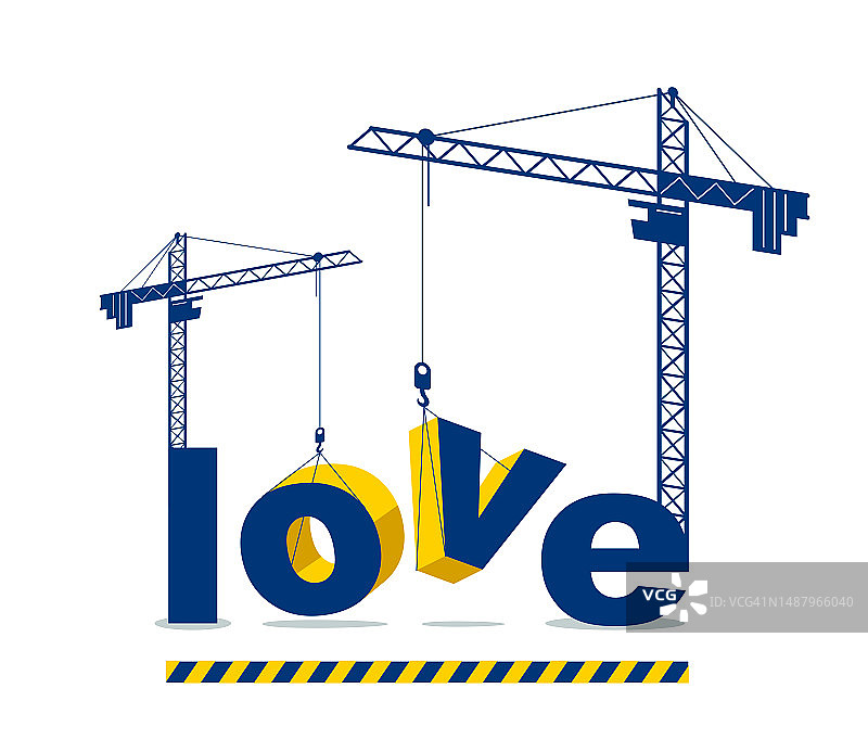 建筑吊车搭建爱心字矢量概念设计，概念插画用文字寓意在进行发展，时尚隐喻关系。图片素材