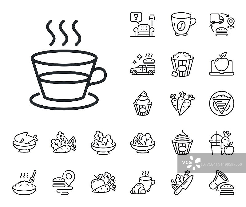 咖啡和茶线图标。热饮标志。可丽饼、甜爆米花和沙拉。向量图片素材