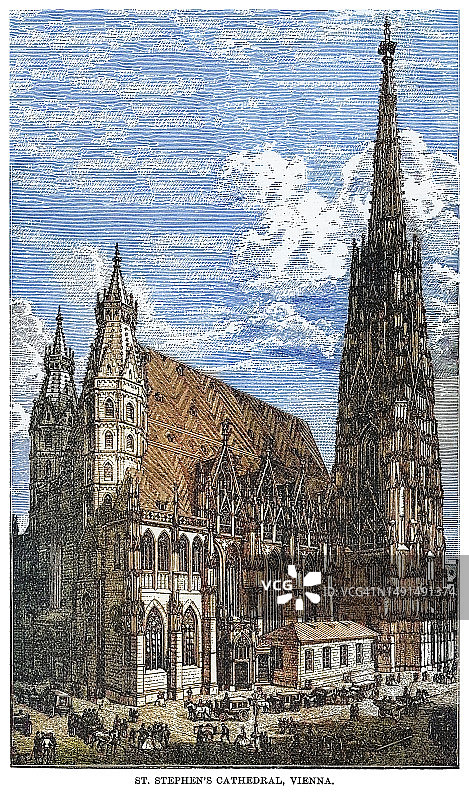 圣斯蒂芬大教堂的古老雕刻插图，维也纳罗马天主教大主教管区的母教堂和奥地利维也纳大主教的所在地图片素材