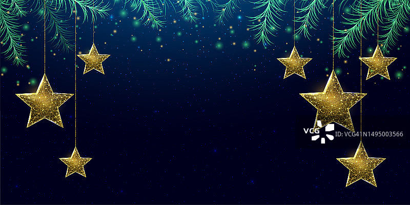 线框圣诞星星和圣诞树树枝，低多边形风格。新年横幅。抽象的现代三维矢量插图上的蓝色背景图片素材