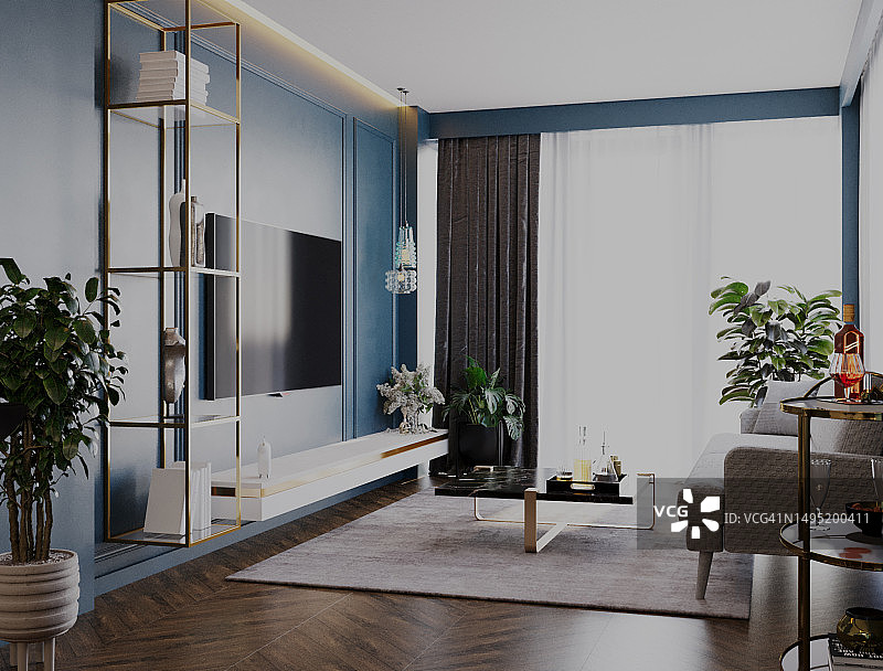 现代舒适的客厅室内设计。3D渲染。图片素材