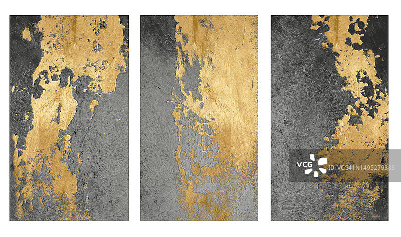 3d抽象帆布墙艺术。金色的垃圾形状在金属灰色背景图片素材