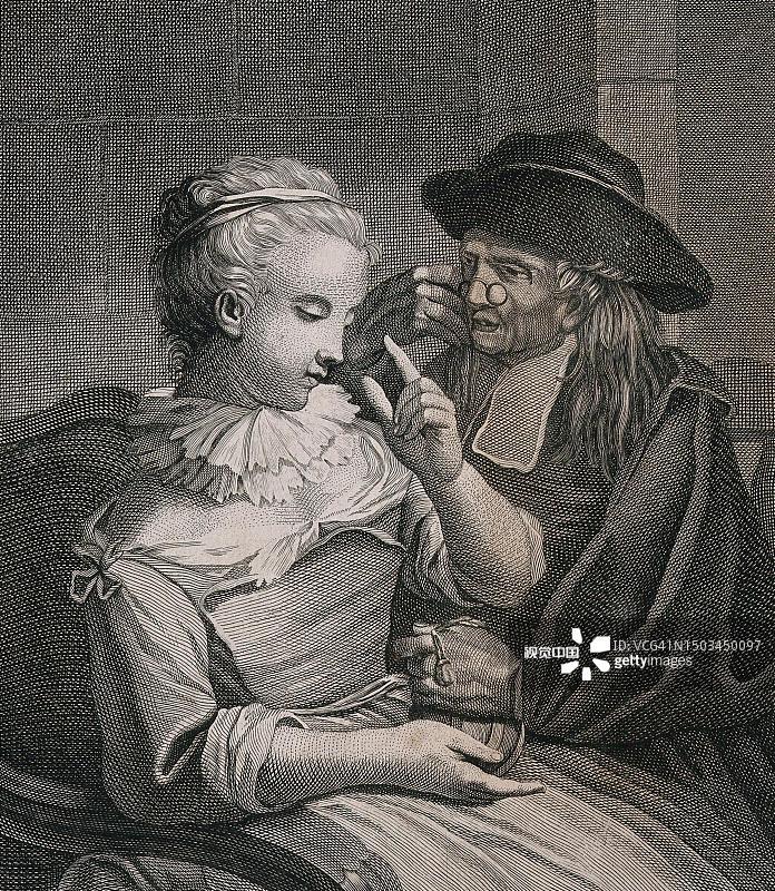 一位年轻的盲人妇女给牧师一笔钱，而牧师则戴着眼镜看东西，1790年，法国，历史悠久，从19世纪原作数码修复的复制品图片素材
