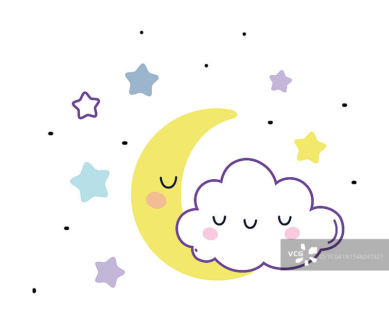 可爱的毛茸茸的云与微笑的脸和黄色新月在星空矢量插图图片素材