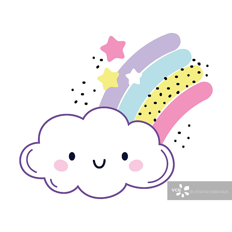 可爱的毛茸茸的云与笑脸和彩色彩虹与星星矢量插图图片素材