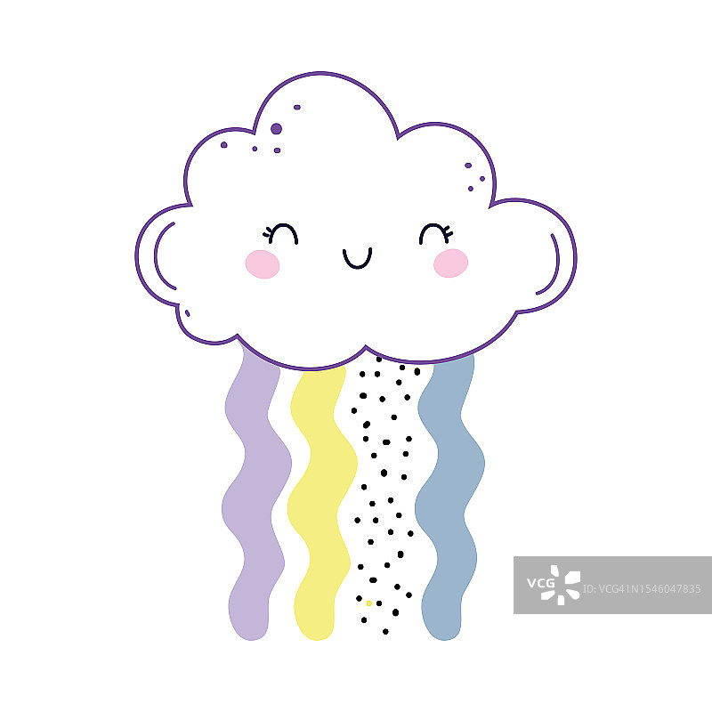 可爱的毛茸茸的云与笑脸和倾盆大雨矢量插图图片素材