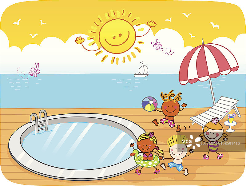 夏季卡通与孩子们在游泳池周围玩耍图片素材