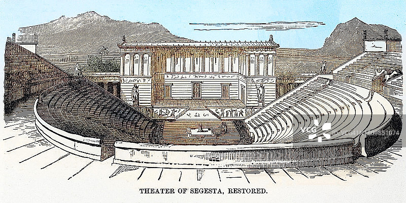 塞格斯塔(西西里三个土著民族之一的伊利米亚人的主要城市之一)的希腊剧院的古老雕刻插图。图片素材