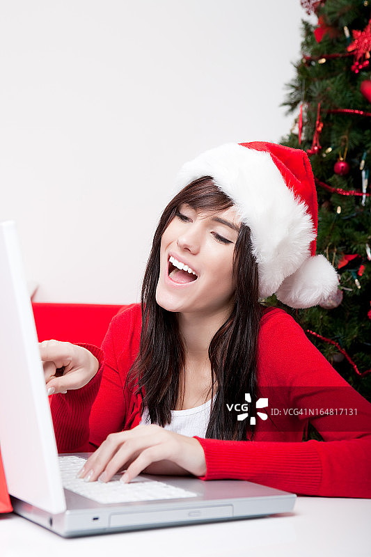 圣诞微笑的女性指着笔记本电脑图片素材