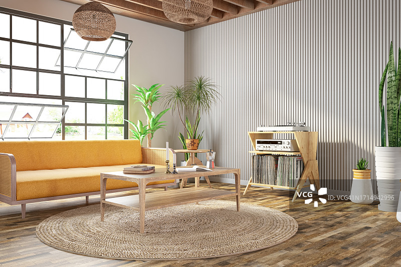 舒适的客厅，黄色的沙发和电唱机图片素材