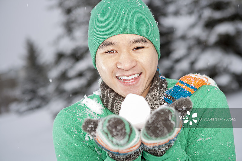 微笑的亚洲人拿着雪球图片素材