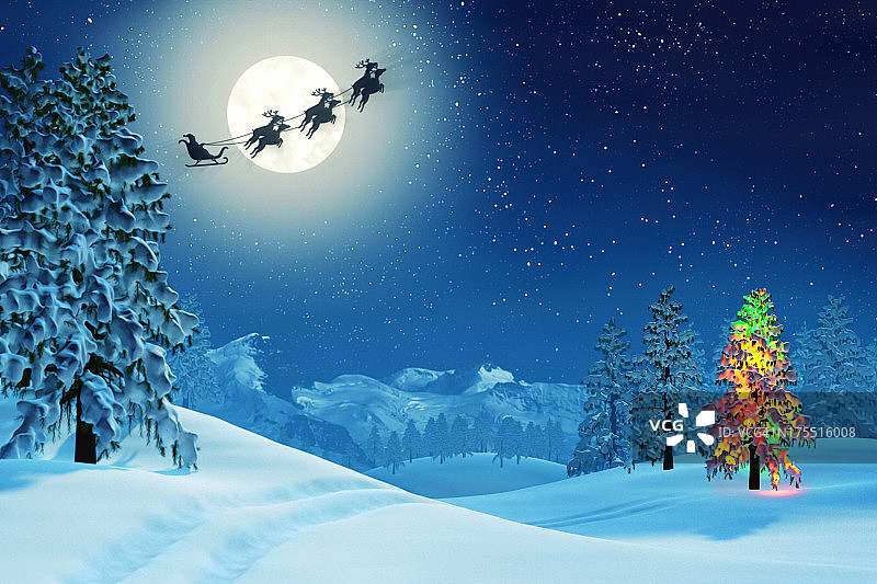 圣诞树和圣诞老人在月光下的冬季夜晚景观图片素材