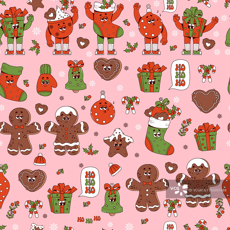 Groovy嬉皮士复古圣诞节日无缝图案与卡通人物礼物，长袜，姜饼，圣诞球，铃铛在粉红色的背景。圣诞快乐，新年快乐矢量背景。图片素材