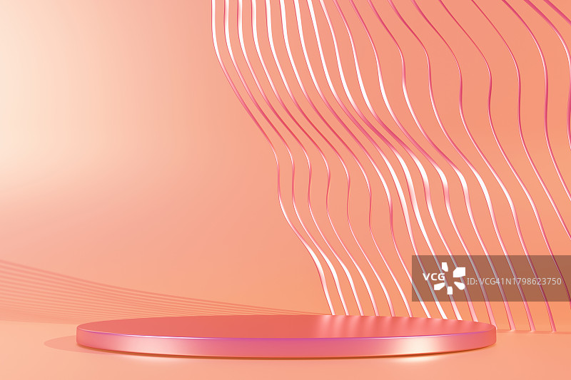 光泽的粉红色讲台，平台，基座的产品展示在柔和的珊瑚色，米色的背景。未来的3D模式。抽象构图，设计元素。图片素材