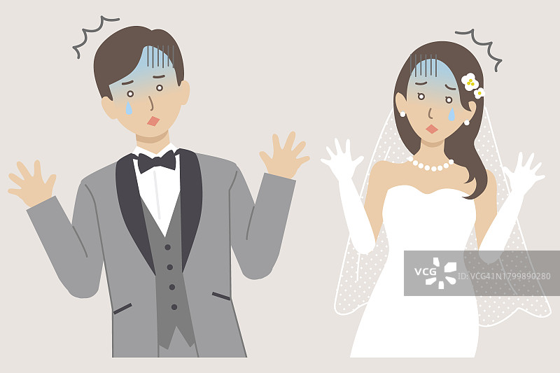 婚礼插图，新郎和新娘伸出双臂，震惊不已图片素材