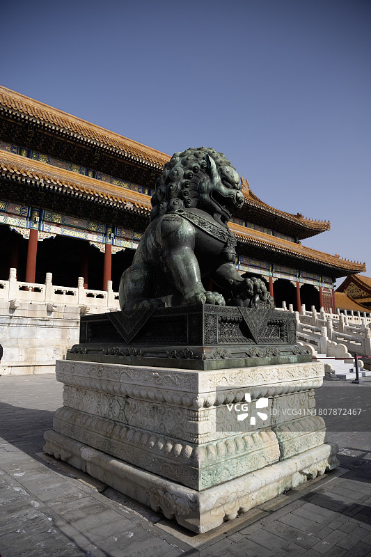历史的守护者:紫禁城雄伟的铜狮图片素材