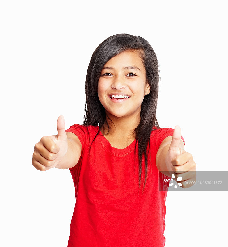 快乐的女孩在白色的背景下竖起大拇指图片素材