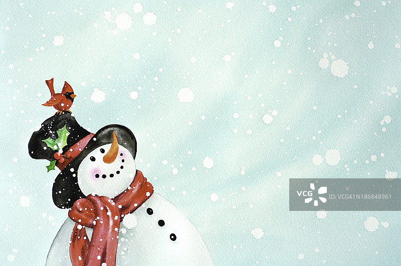 快乐的雪人和红鸟朋友图片素材