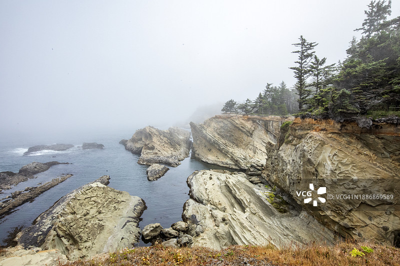 美国，俄勒冈州，库斯湾，雾天海边的岩层图片素材