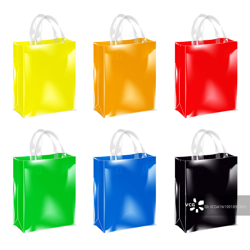 站立促销活动彩色塑料袋与明确处理现实矢量模型。黄，橙，红，绿，蓝，黑颜色的模型集。简单的可编辑图片素材