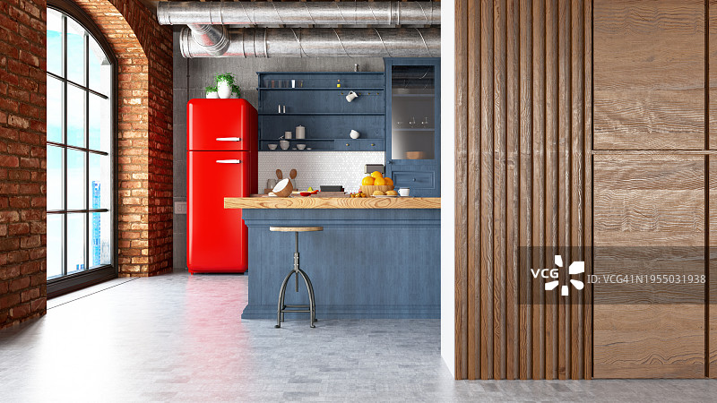 舒适的复古厨房内饰，配有红色冰箱和厨房柜台图片素材
