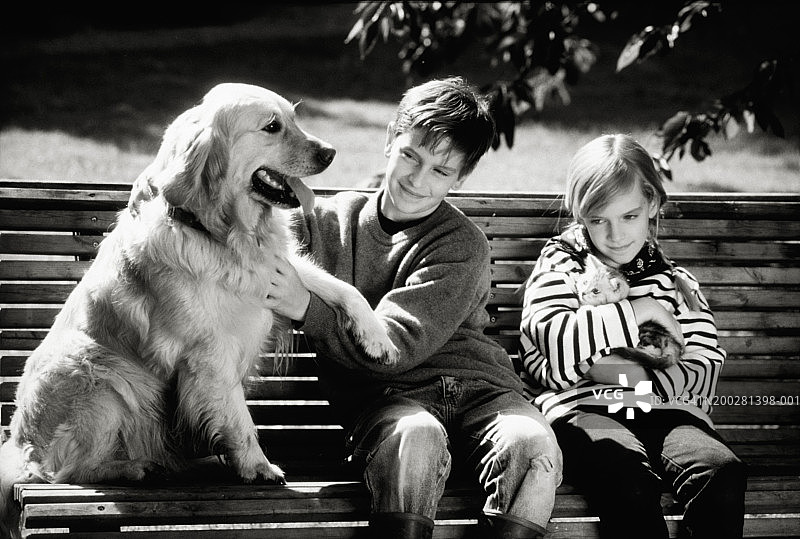 孩子(6-11岁)和宠物坐在长凳上图片素材