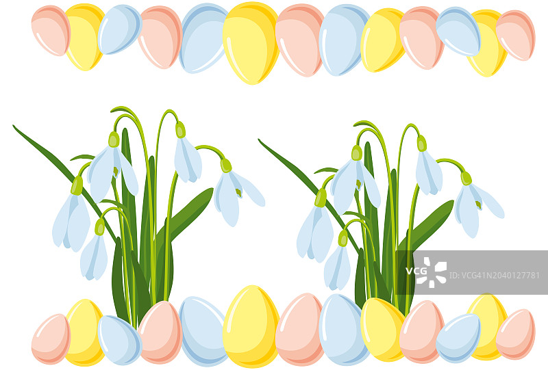 矢量插图的复活节主题，花束的春天花雪花莲和多色粉彩复活节彩蛋，春天聚会插图在白色的背景图片素材