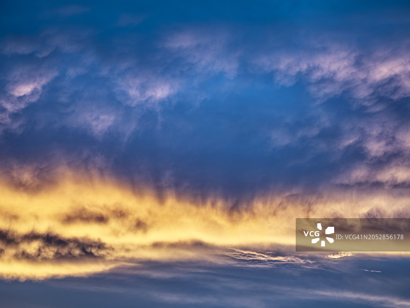 日落时天空中卷云的低角度全景图。图片素材