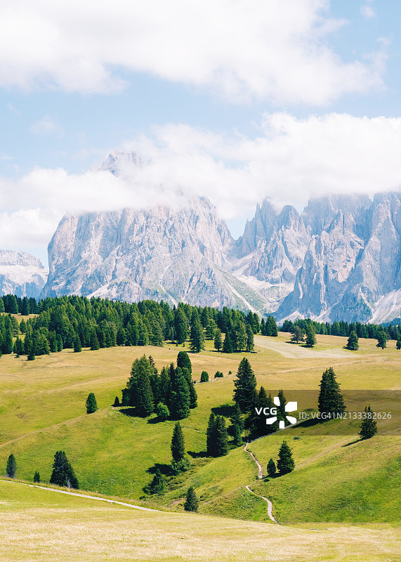 意大利南蒂罗尔，意大利最大的高山草地之一，塞瑟高原(Alpe di Siusi)的风景图片素材