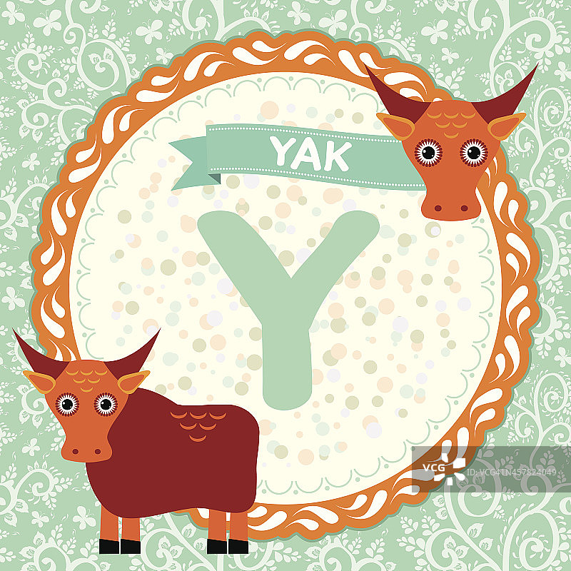 ABC动物Y是牦牛。儿童英语字母表。向量图片素材