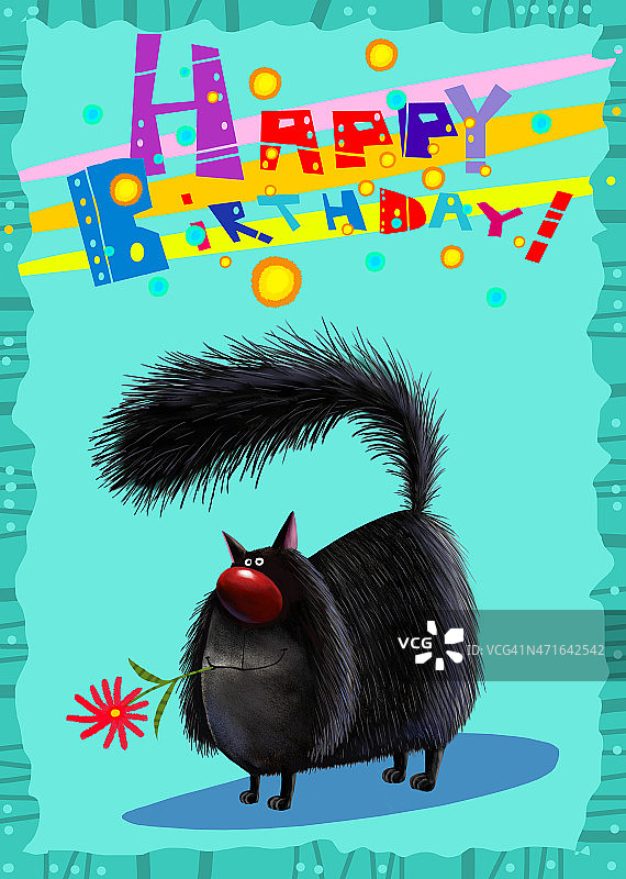 生日贺卡:带花的黑猫图片素材