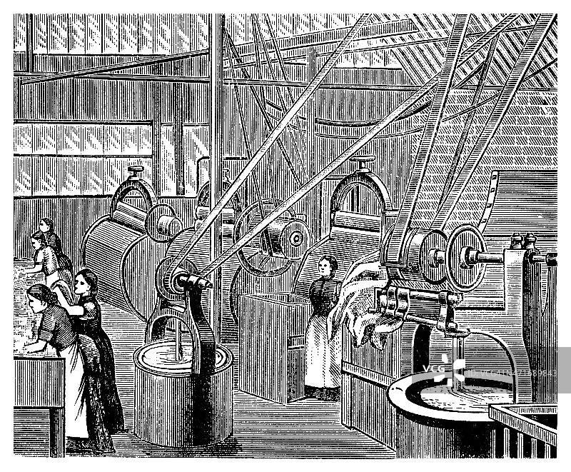 在维多利亚时代的大型洗衣店工作的妇女图片素材
