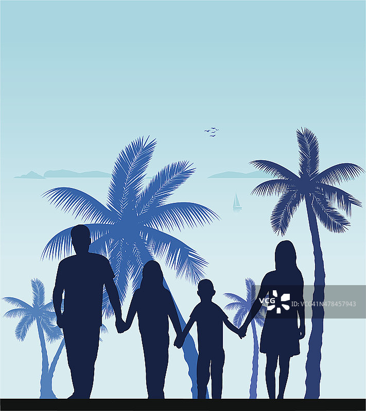 一家人在沙滩上散步，棕榈树之间的剪影图片素材