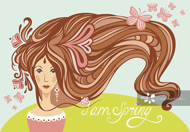 春姑娘长着美丽的长发和蝴蝶图片素材