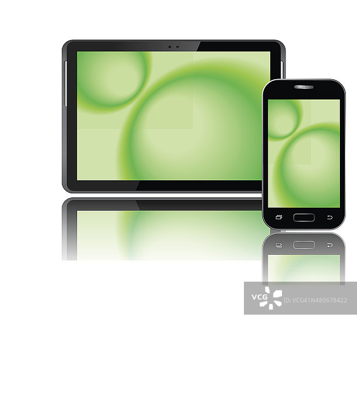 现实的平板电脑和手机与绿色退化的彩色屏幕图片素材