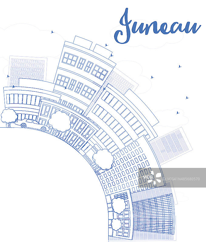 轮廓朱诺(阿拉斯加)天际线与蓝色建筑和复制空间图片素材
