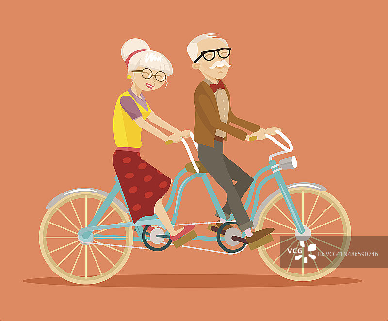 祖父母在自行车。矢量平面插图图片素材