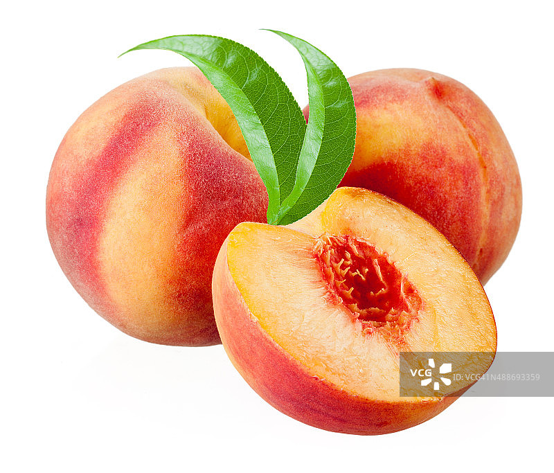 桃子。果实与叶孤立在白色上图片素材