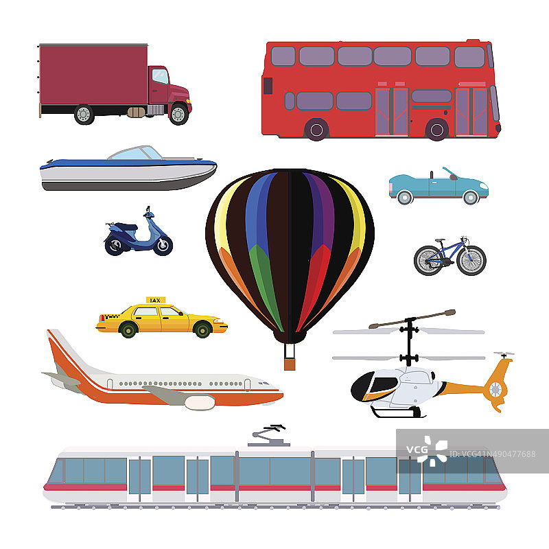 运输向量集。出租车、飞机、直升机、气球、火车图片素材